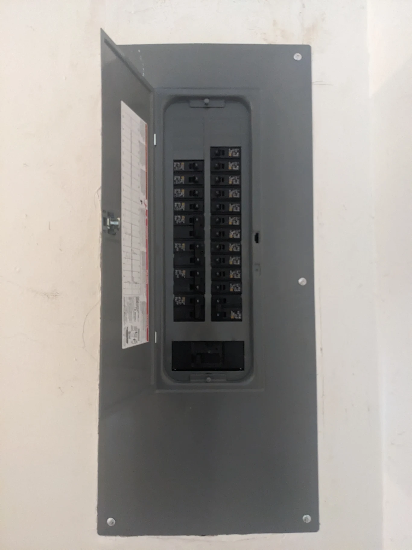 New electrical panel with labelled breakers and tidy directory
